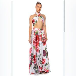 AKIRA Floral Halter Maxi satin set - White and Red